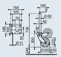 Pomoćni kotač samopodizni/automatik AL-KO, Ø60mm, s nosačem, dužina 730mm, 500 kg, kotač 200x50